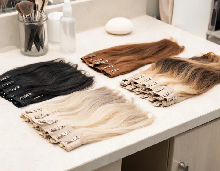 wholesale clip in hair extensions on a cosmetics bench, illustration only